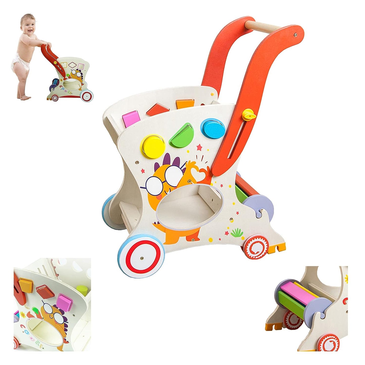 Multifunctional Wooden Baby Walker with Puzzles Shopping Cart for Toddlers