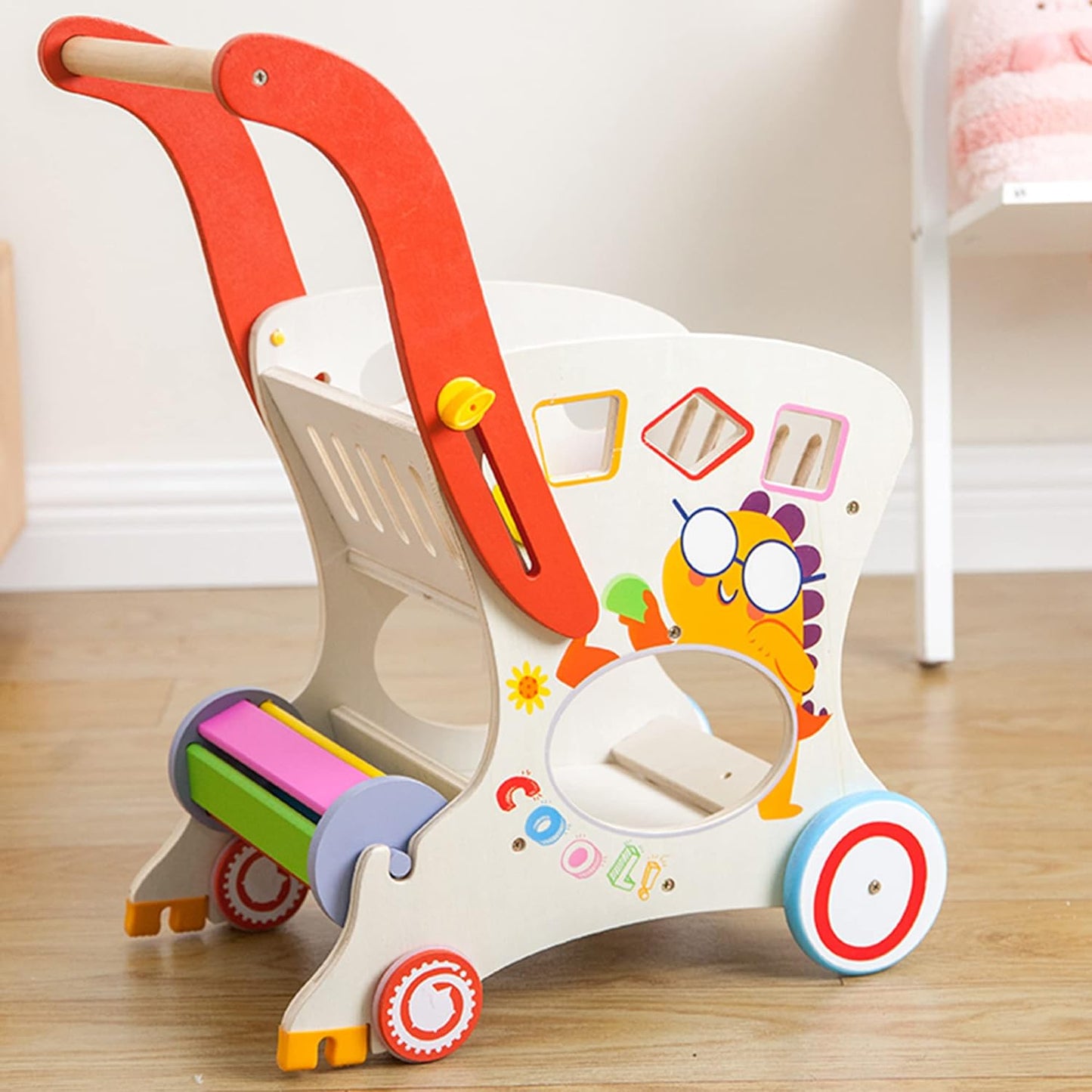 Multifunctional Wooden Baby Walker with Puzzles Shopping Cart for Toddlers