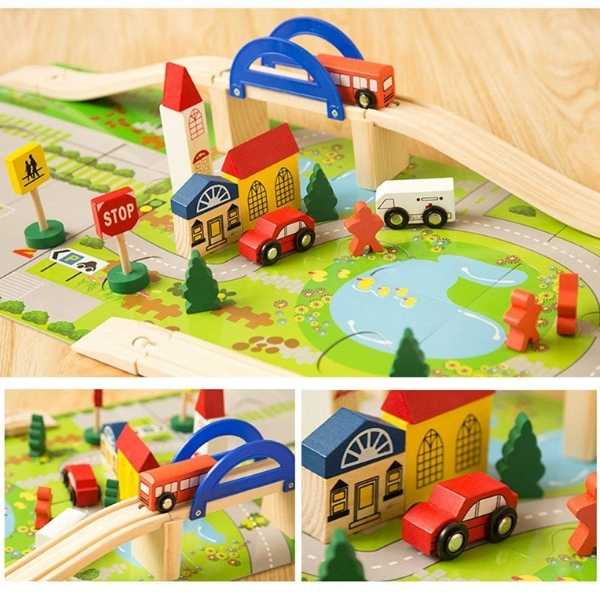 Wooden Rail Overpass Train Track Set 40 Pieces Traffic Scene Toy