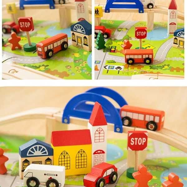 Wooden Rail Overpass Train Track Set 40 Pieces Traffic Scene Toy