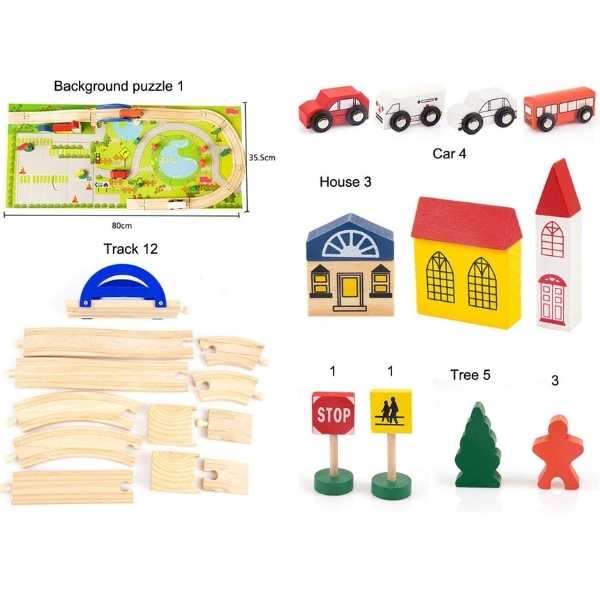Wooden Rail Overpass Train Track Set 40 Pieces Traffic Scene Toy