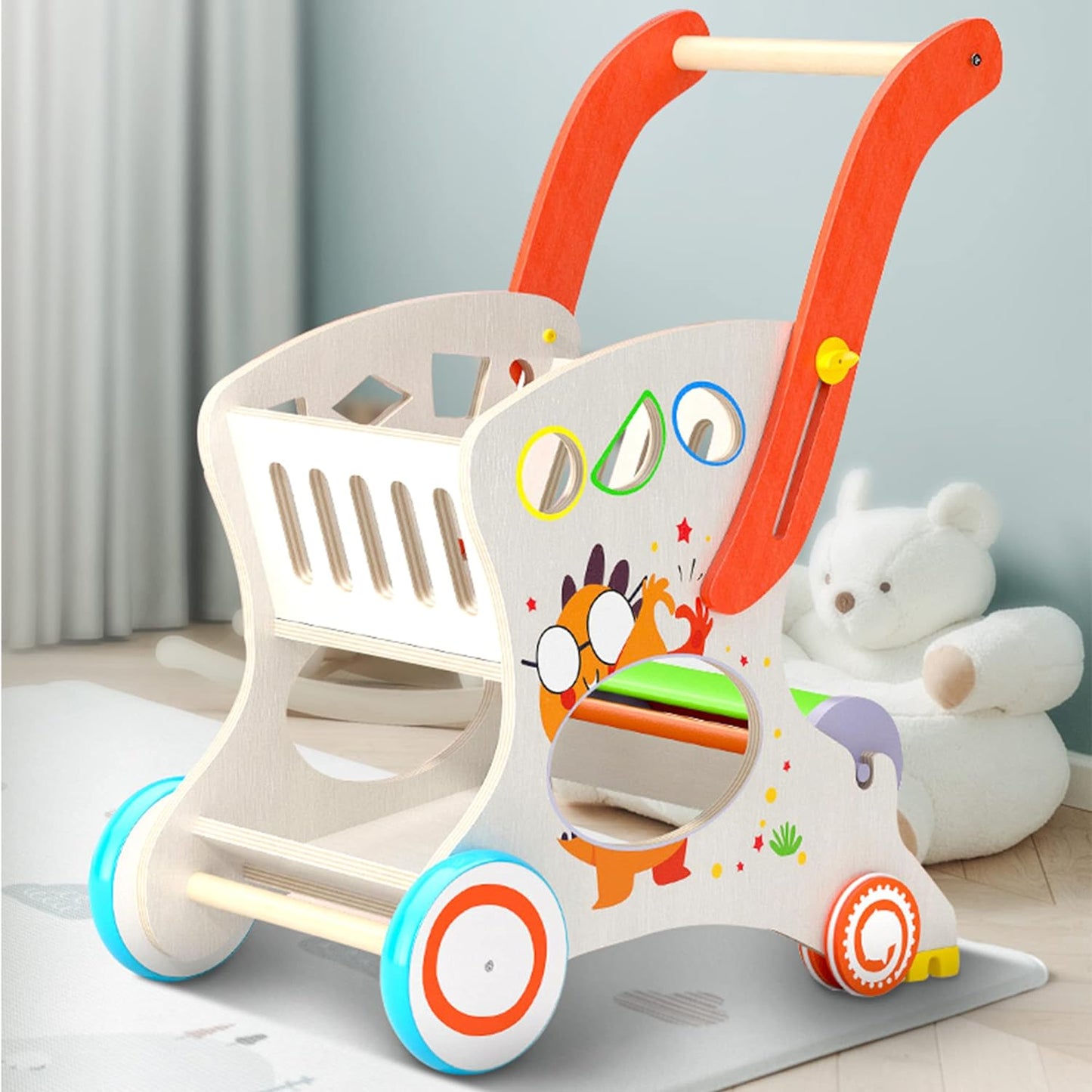 Multifunctional Wooden Baby Walker with Puzzles Shopping Cart for Toddlers