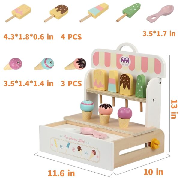 Wooden Ice Cream Set, Ice Cream Cart Shop Stand Toys for Toddlers, Montessori Play Kitchen Accessories Wooden Food Set for Kids, Pretend Play for Toddlers