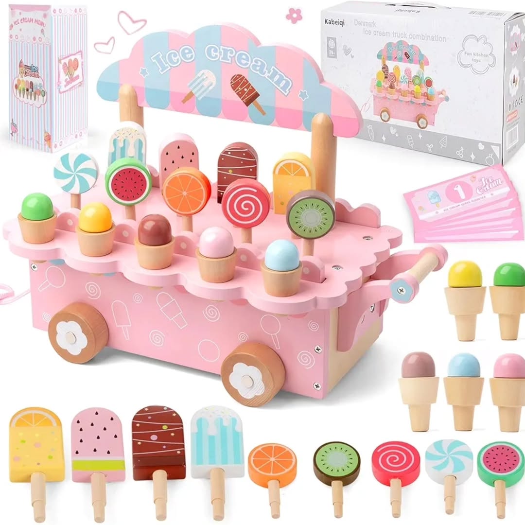 Wooden Ice Cream Cart Pretend Play Set β Educational Toy for Kids Ages 3β8 | Learning Toy
