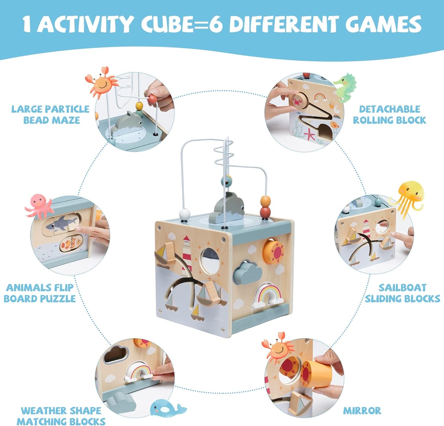 6-in-1 Wooden Activity Cube for Toddler