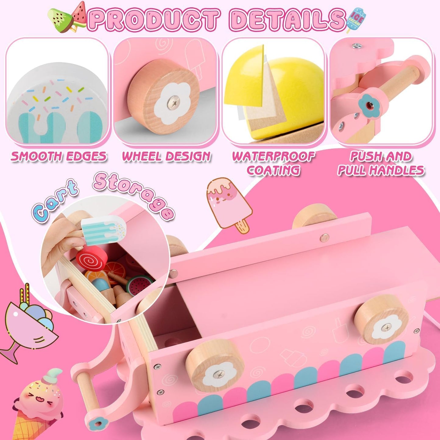Wooden Ice Cream Cart Pretend Play Set – Educational Toy for Kids Ages 3–8 | Learning Toy