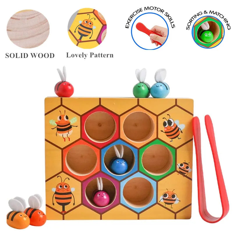Montessori Wooden Bee Hive Catching Game for Toddlers