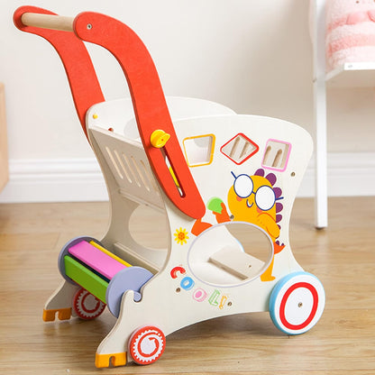 Multifunctional Wooden Baby Walker with Puzzles Shopping Cart for Toddlers