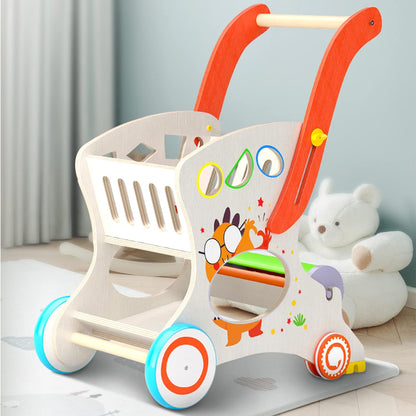 Multifunctional Wooden Baby Walker with Puzzles Shopping Cart for Toddlers