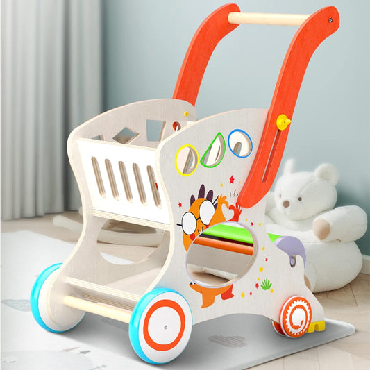 Multifunctional Wooden Baby Walker with Puzzles Shopping Cart for Toddlers