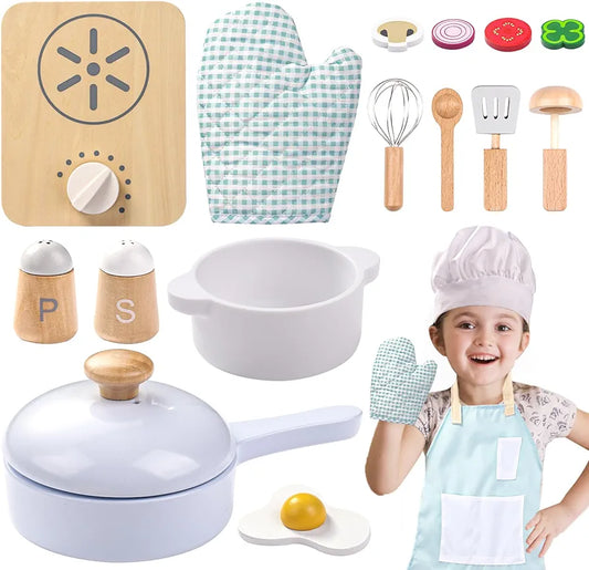 Wooden Pretend Play Cooking Set for Kids – Chef Role Play Kit with Pan, Utensils, Food & Accessories (Ages 3+)