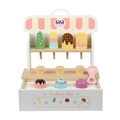 Wooden Ice Cream Set, Ice Cream Cart Shop Stand Toys for Toddlers, Montessori Play Kitchen Accessories Wooden Food Set for Kids, Pretend Play for Toddlers