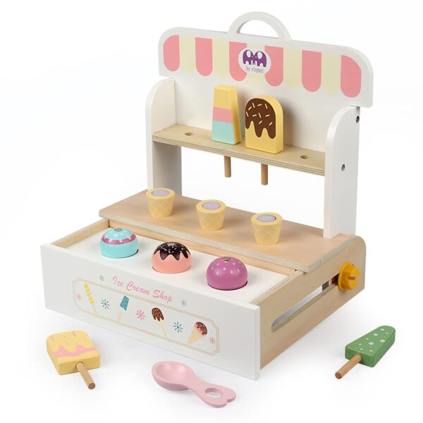Wooden Ice Cream Set, Ice Cream Cart Shop Stand Toys for Toddlers, Montessori Play Kitchen Accessories Wooden Food Set for Kids, Pretend Play for Toddlers