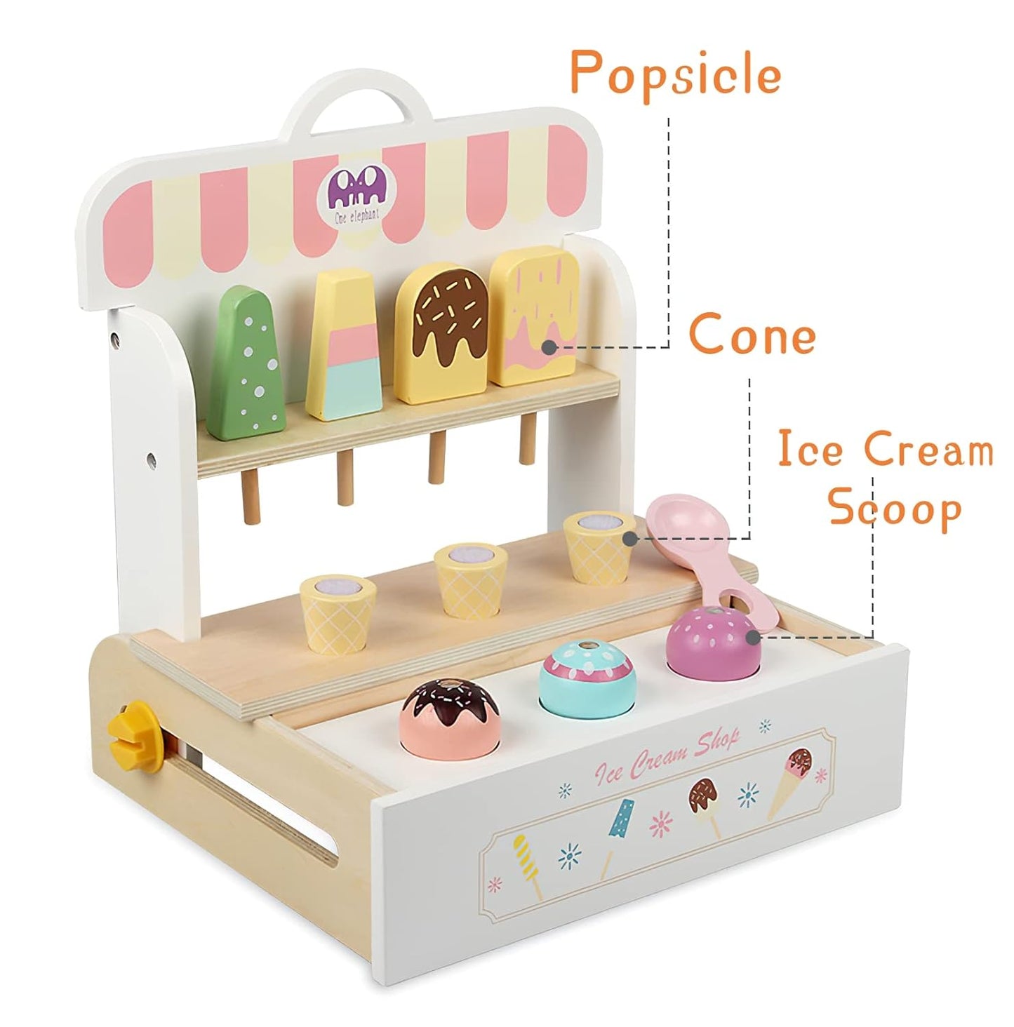 Wooden Ice Cream Set, Ice Cream Cart Shop Stand Toys for Toddlers, Montessori Play Kitchen Accessories Wooden Food Set for Kids, Pretend Play for Toddlers
