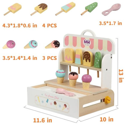 Wooden Ice Cream Set, Ice Cream Cart Shop Stand Toys for Toddlers, Montessori Play Kitchen Accessories Wooden Food Set for Kids, Pretend Play for Toddlers