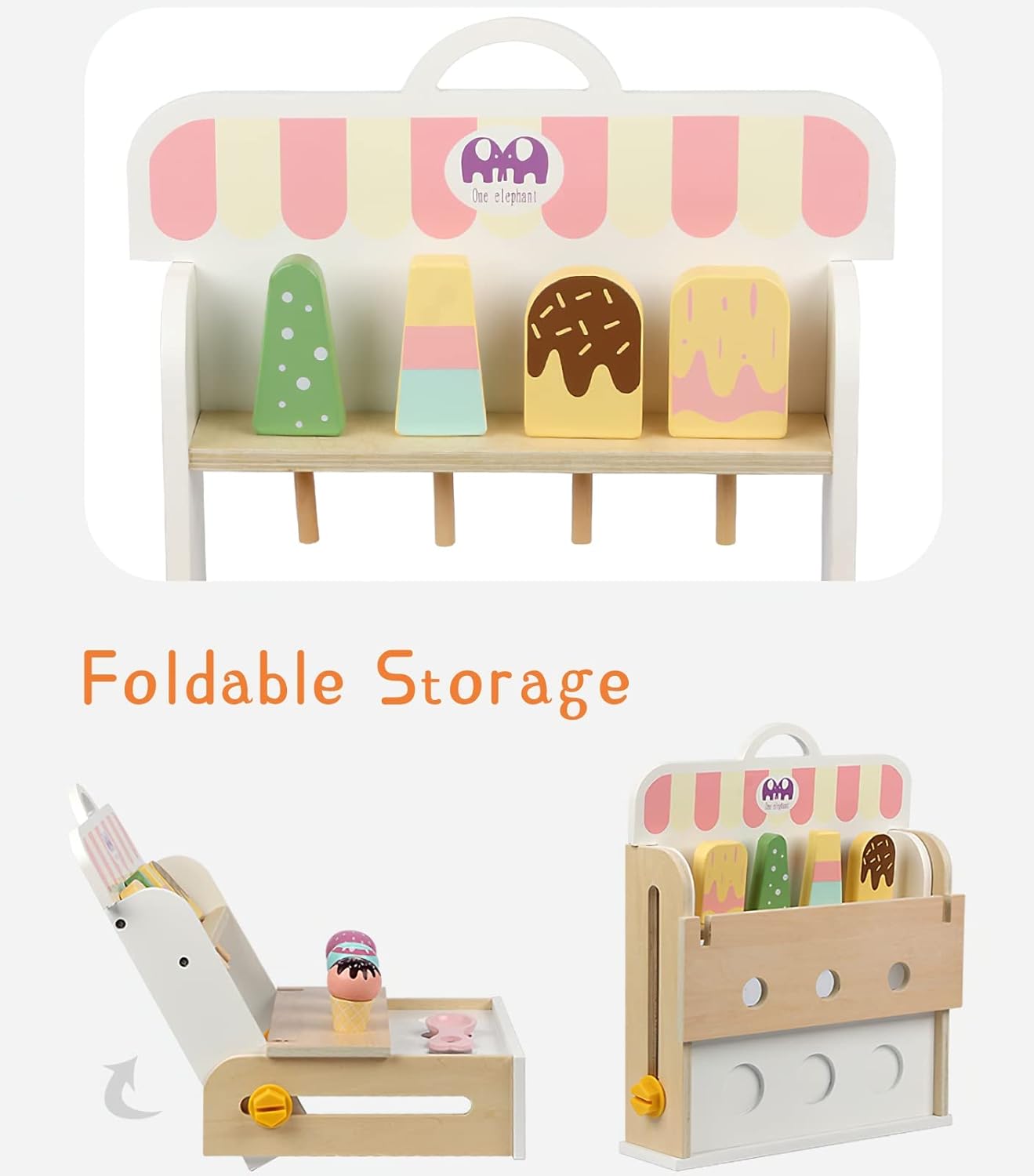 Wooden Ice Cream Set, Ice Cream Cart Shop Stand Toys for Toddlers, Montessori Play Kitchen Accessories Wooden Food Set for Kids, Pretend Play for Toddlers