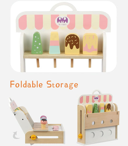 Wooden Ice Cream Set, Ice Cream Cart Shop Stand Toys for Toddlers, Montessori Play Kitchen Accessories Wooden Food Set for Kids, Pretend Play for Toddlers