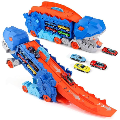 Dinosaur Transporter Truck Foldable Sliding Race Track Toy with 4 Toy Cars for Kids