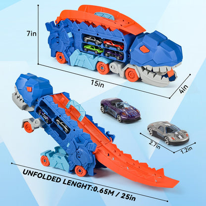 Dinosaur Transporter Truck Foldable Sliding Race Track Toy with 4 Toy Cars for Kids