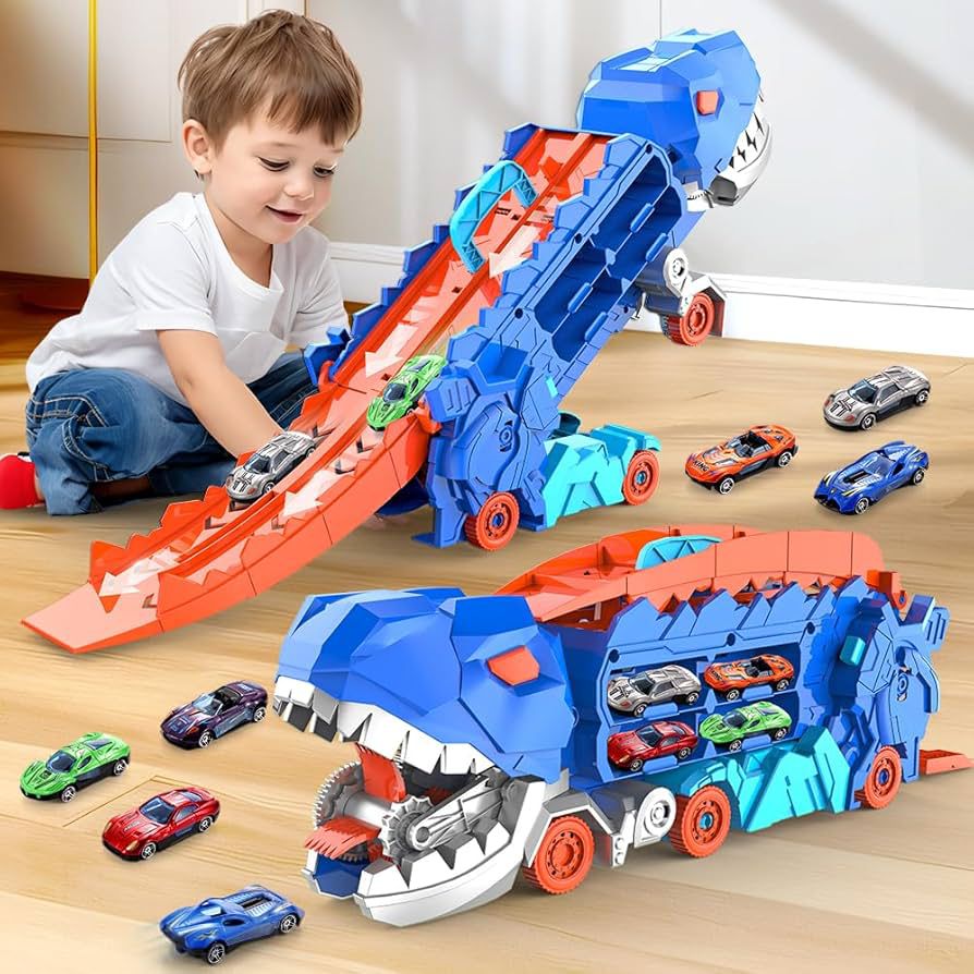 Dinosaur Transporter Truck Foldable Sliding Race Track Toy with 4 Toy Cars for Kids
