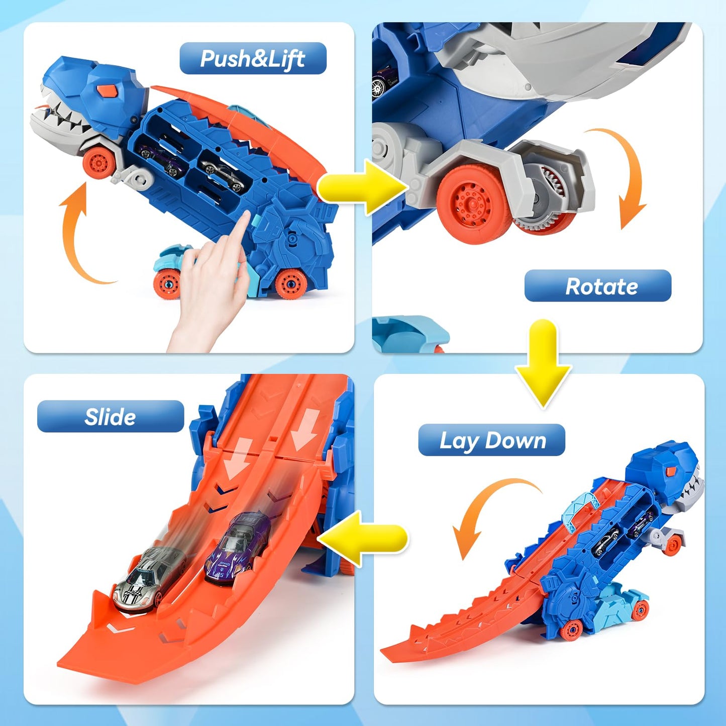 Dinosaur Transporter Truck Foldable Sliding Race Track Toy with 4 Toy Cars for Kids