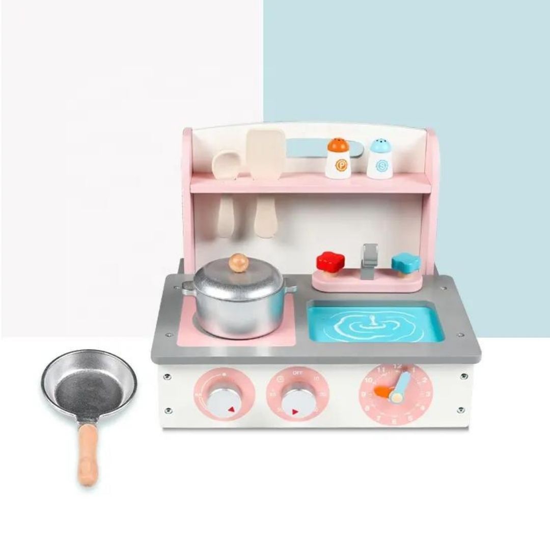 Children's portable folding wooden toy kitchen set with pink stove babyhippo toys