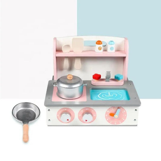 Children's portable folding wooden toy kitchen set with pink stove babyhippo toys