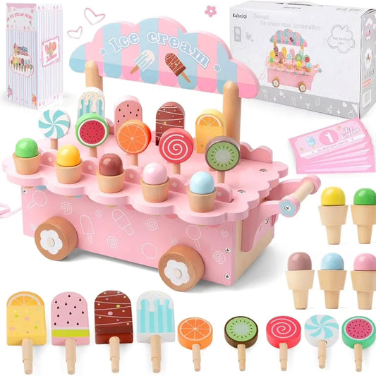 Wooden Ice Cream Cart Pretend Play Set – Educational Toy for Kids Ages 3–8 | Learning Toy