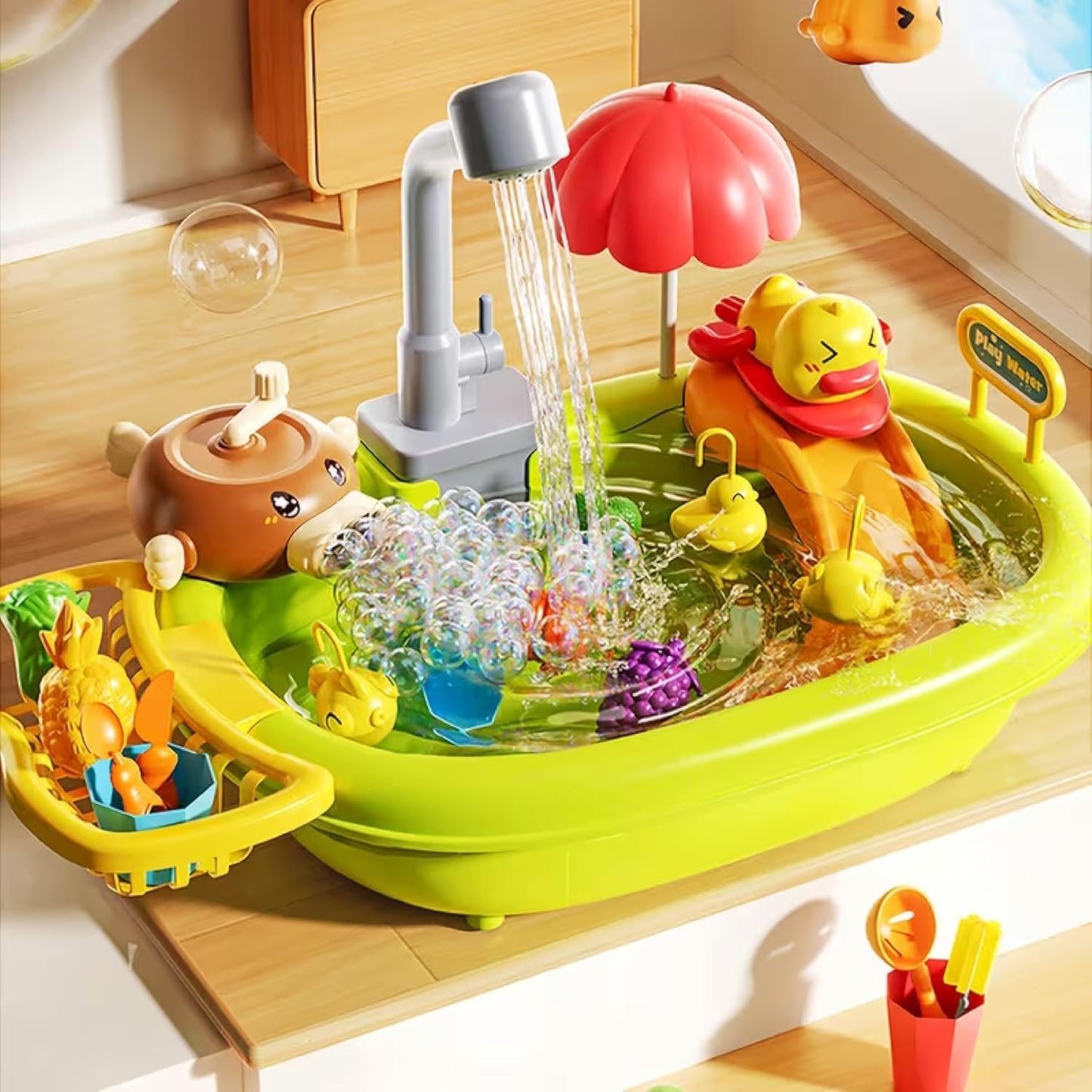 Water Sink Toy with Bubble Making Machine, Fishing ga,e and Wind-Up Swimming Ducks