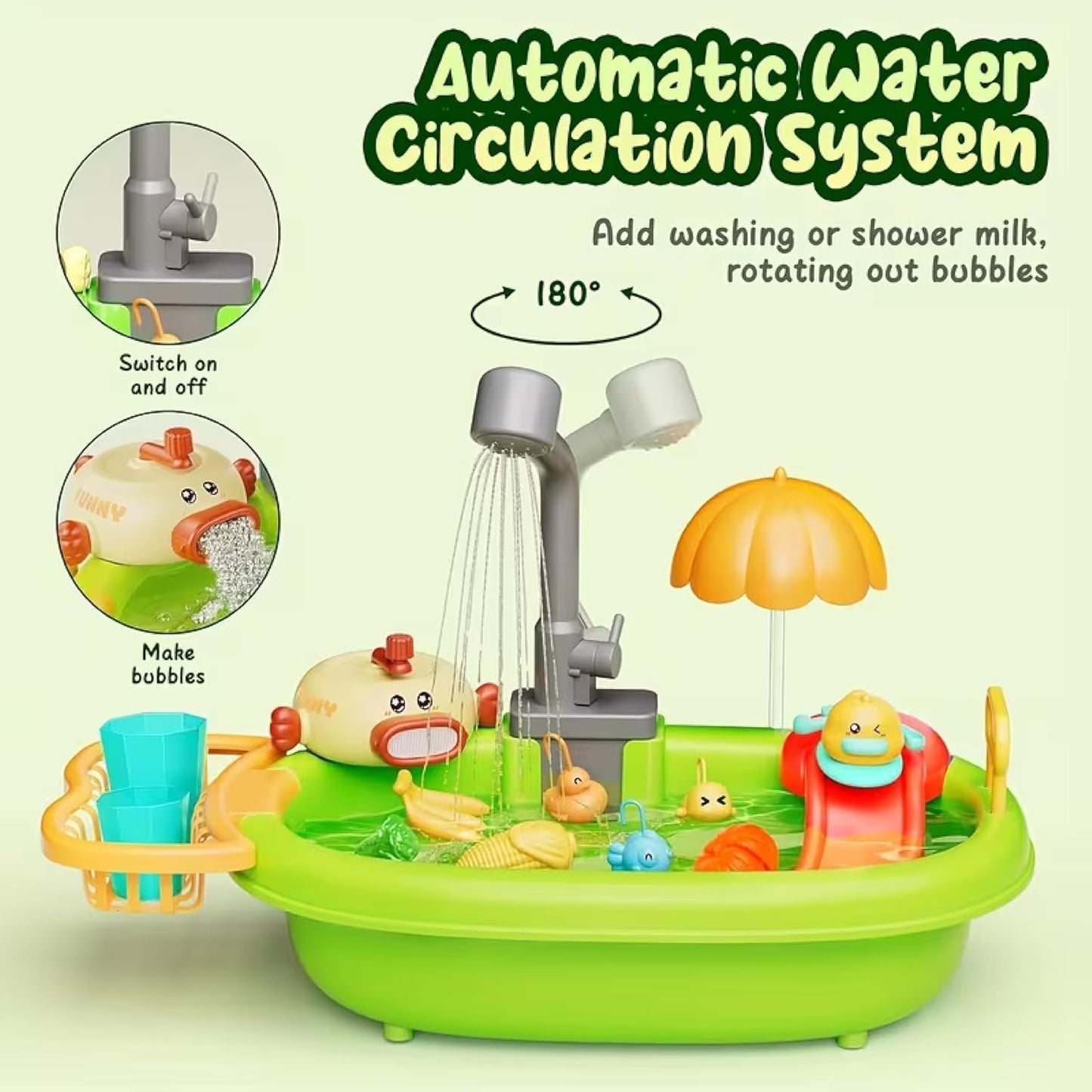 Water Sink Toy with Bubble Making Machine, Fishing ga,e and Wind-Up Swimming Ducks