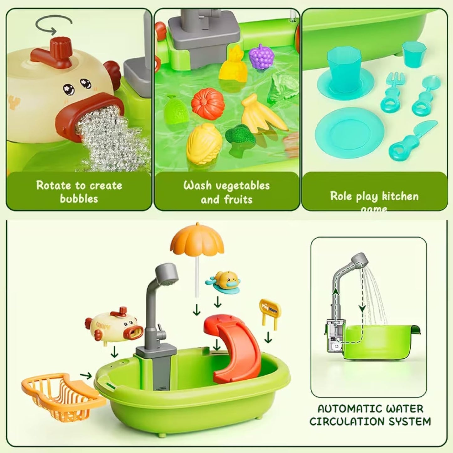 Water Sink Toy with Bubble Making Machine, Fishing ga,e and Wind-Up Swimming Ducks
