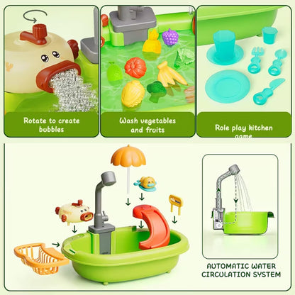 Water Sink Toy with Bubble Making Machine, Fishing ga,e and Wind-Up Swimming Ducks