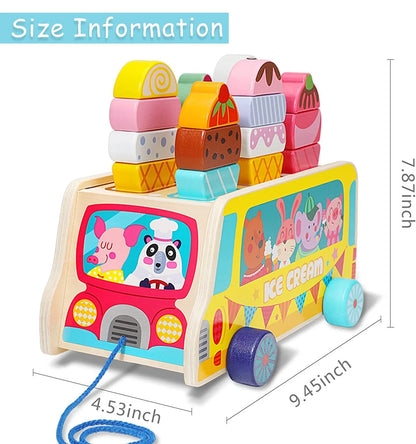 Wooden Ice Cream Truck | 28 pcs Magnetic Ice Cream Sweet Treats | Pretend Play Food & Accessories