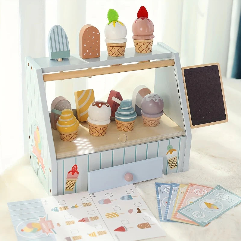 Wooden Ice Cream Counter Playset for Kids – Pretend Play Dessert Counter