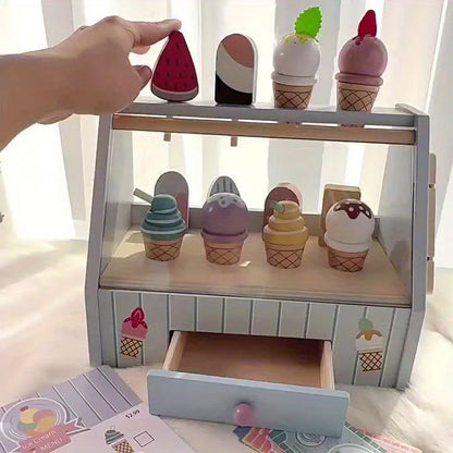 Wooden Ice Cream Counter Playset for Kids – Pretend Play Dessert Counter