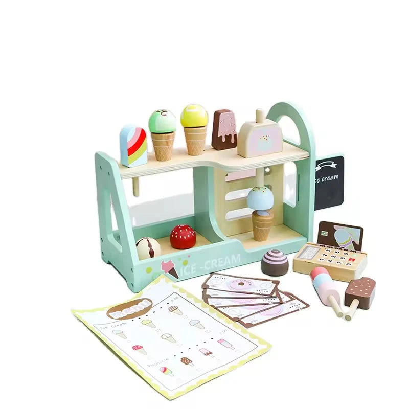 Wooden Ice Cream Shop Playset for Kids – Pretend Play Dessert Counter