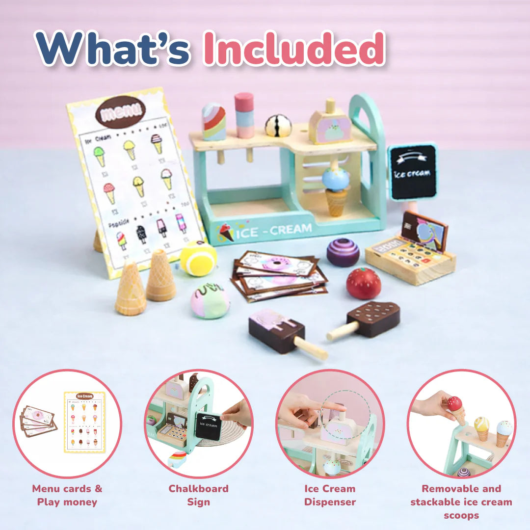 Wooden Ice Cream Shop Playset for Kids – Pretend Play Dessert Counter