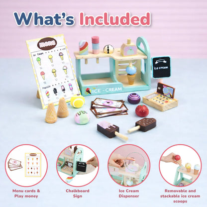Wooden Ice Cream Shop Playset for Kids – Pretend Play Dessert Counter