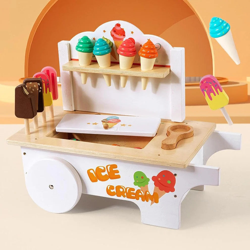 Wooden Ice Cream Cart Toy for Kids with Popsicles & Accessories