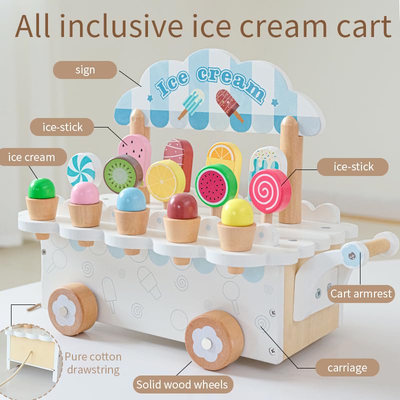 Wooden Ice Cream Cart Pretend Play Set – Educational Toy for Kids Ages 3–8 | Learning Toy