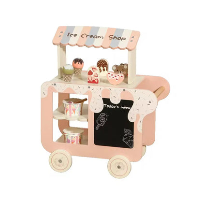 Montessori Wooden Ice Cream Shop Cart – Pretend Play Dessert Trolley Set  with 20+ Accessories
