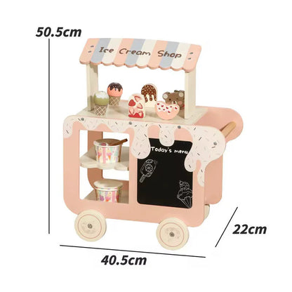 Montessori Wooden Ice Cream Shop Cart – Pretend Play Dessert Trolley Set  with 20+ Accessories