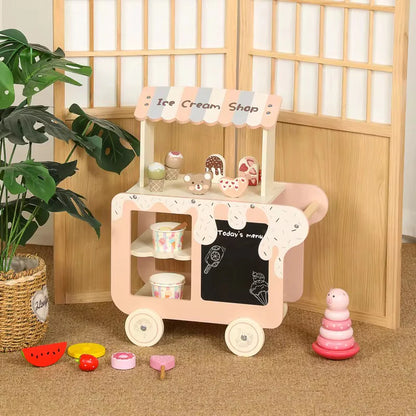 Montessori Wooden Ice Cream Shop Cart – Pretend Play Dessert Trolley Set  with 20+ Accessories
