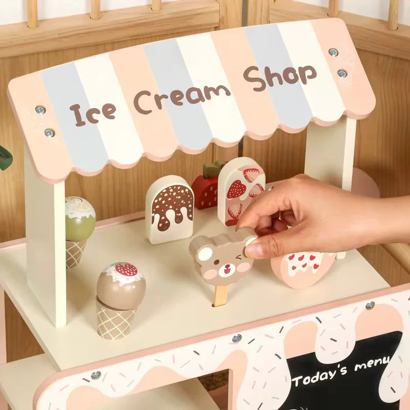 Montessori Wooden Ice Cream Shop Cart – Pretend Play Dessert Trolley Set  with 20+ Accessories