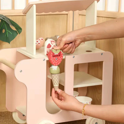 Montessori Wooden Ice Cream Shop Cart – Pretend Play Dessert Trolley Set  with 20+ Accessories