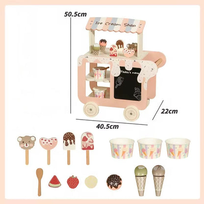 Montessori Wooden Ice Cream Shop Cart – Pretend Play Dessert Trolley Set  with 20+ Accessories