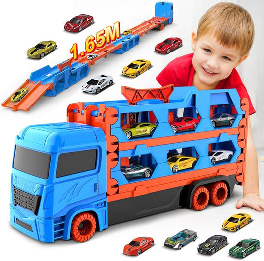 Folding Truck Track with 2 Die Cast Cars & 1.65M Track Set for Kids Racing