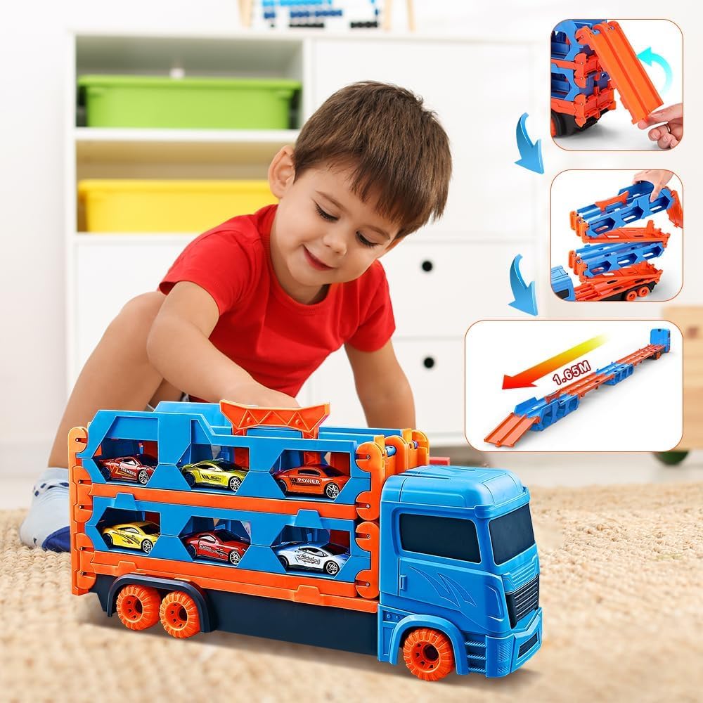 Folding Truck Track with 2 Die Cast Cars & 1.65M Track Set for Kids Racing